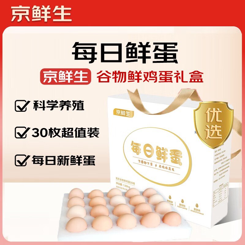 0.6/枚！自营京鲜生 每日鲜蛋 30枚拍下21.9元包邮；再返【3】超市卡相当于18.9到手！！新鲜好品质~